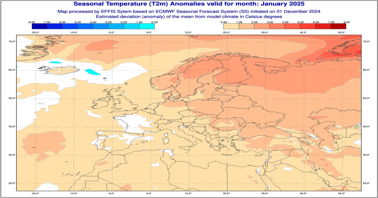 Anomalie di temperatura previste dal modello ECMWF per Gennaio 2025 - effis.jrc.ec.europa.eu